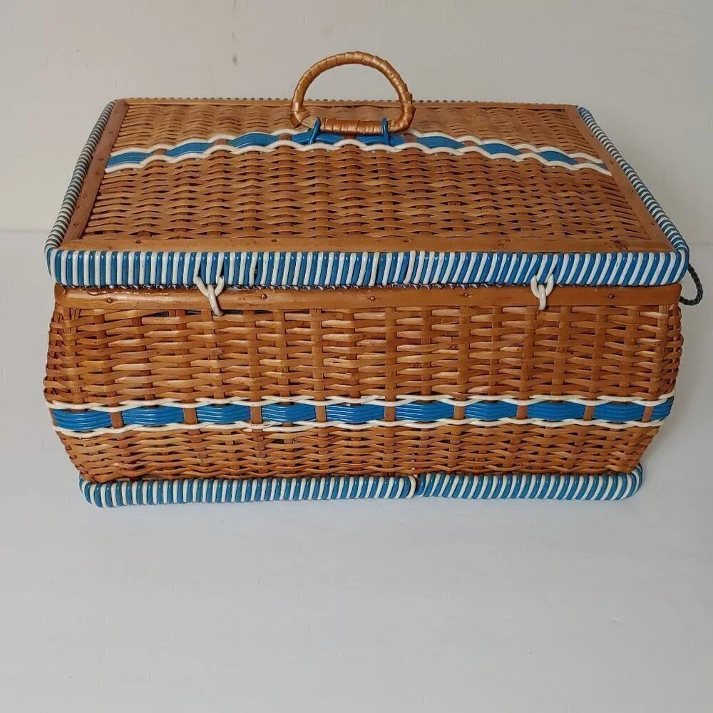 Vintage Sewing‎ Basket Whicker Rattan Box Mid-Century MCM Czech